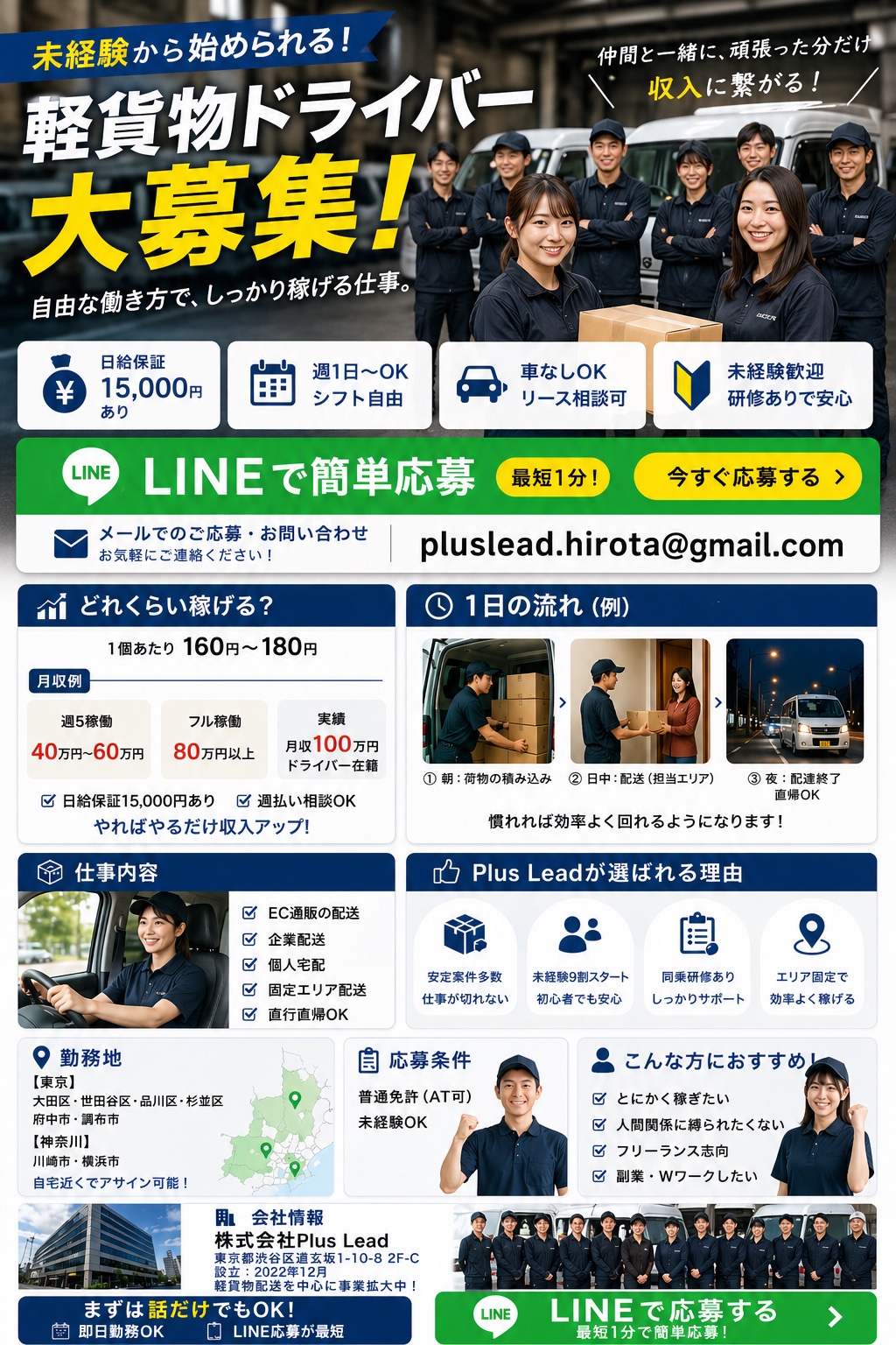 株式会社Plus Lead 軽貨物ドライバー大募集！未経験OK 日給保証15,000円 月収100万円実績 週1日OK 車なしOK 研修あり LINE応募